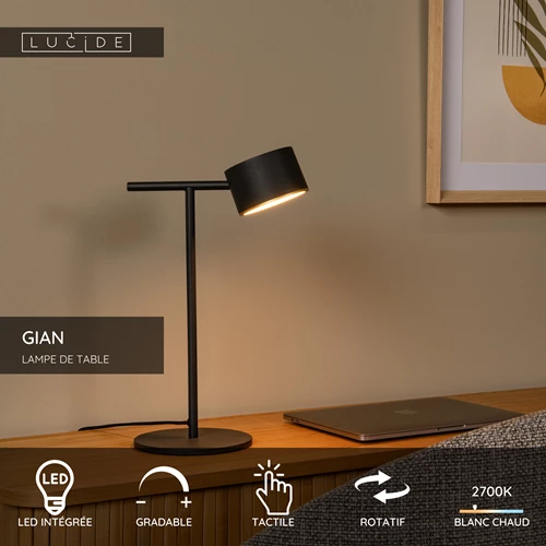 Lucide GIAN - Lampe de table - LED Dim. - 1x9W 2700K - Noir - USP